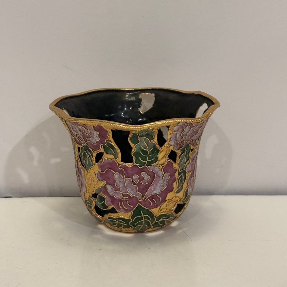 Vintage Cloisonne Enamel & Brass Votive Tealight Holder w/ Cutouts